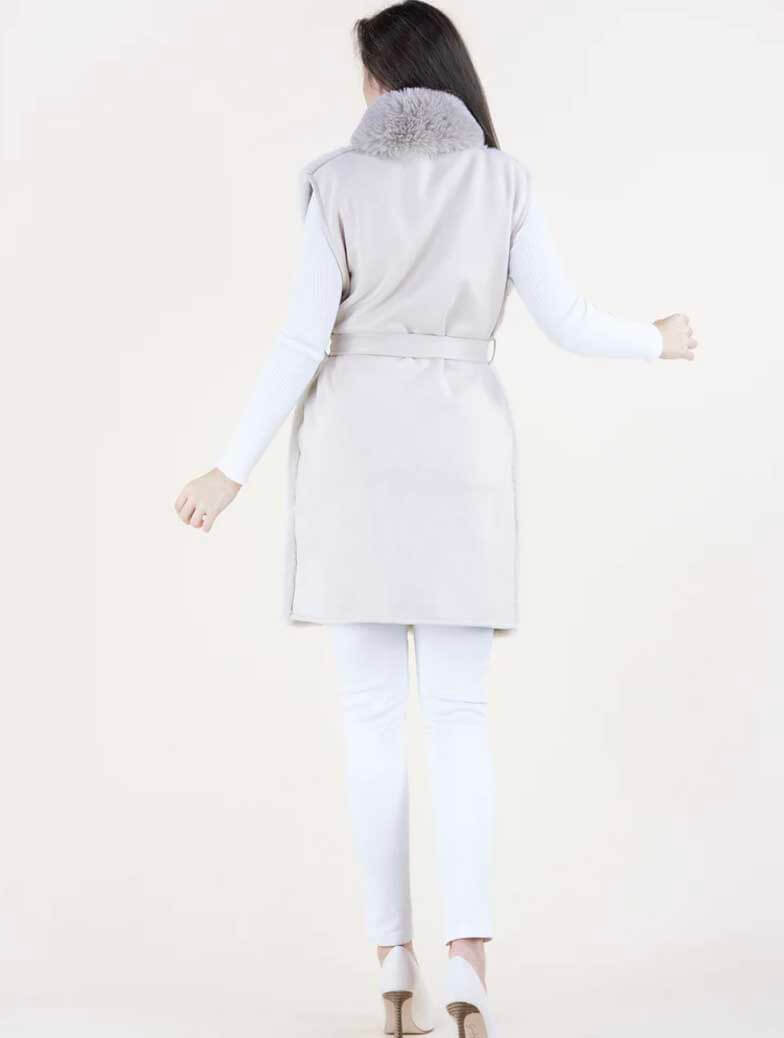 Vertical Ribbed Faux Fur Belted Vest