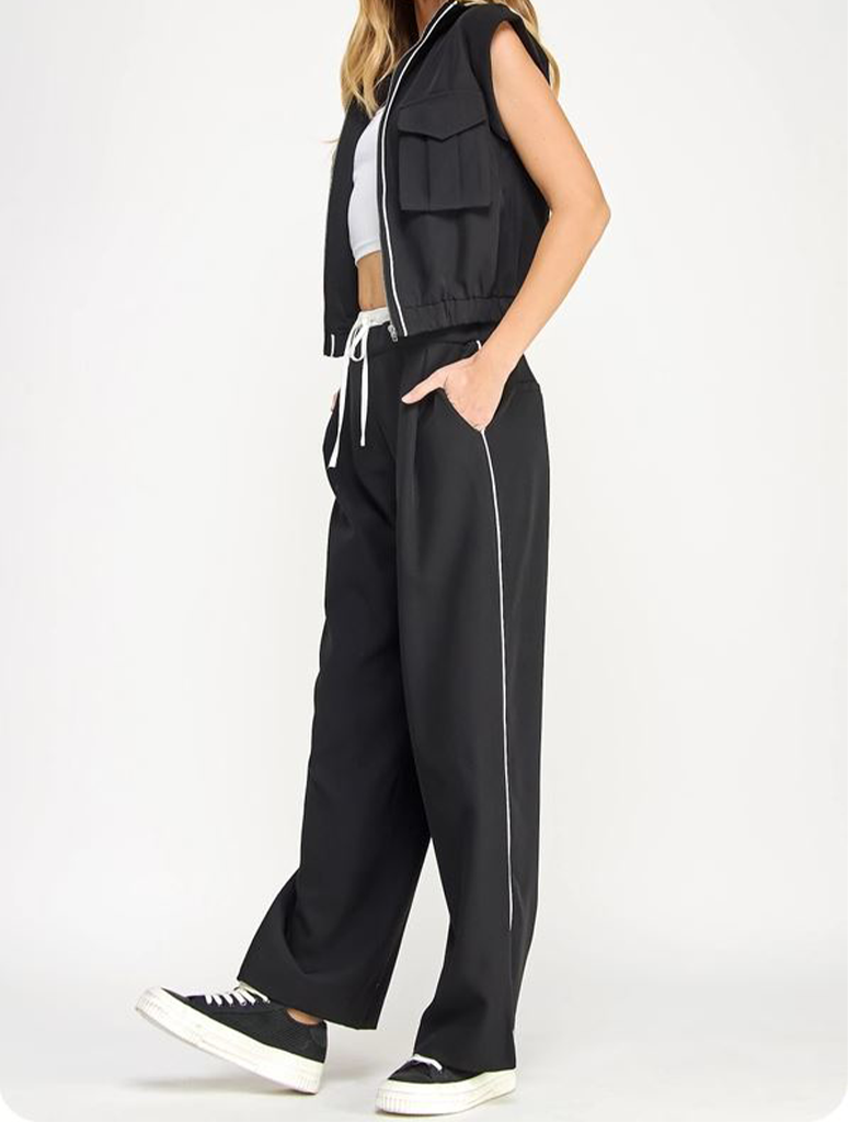 Contrast Waisted Band Wide Leg Pant
