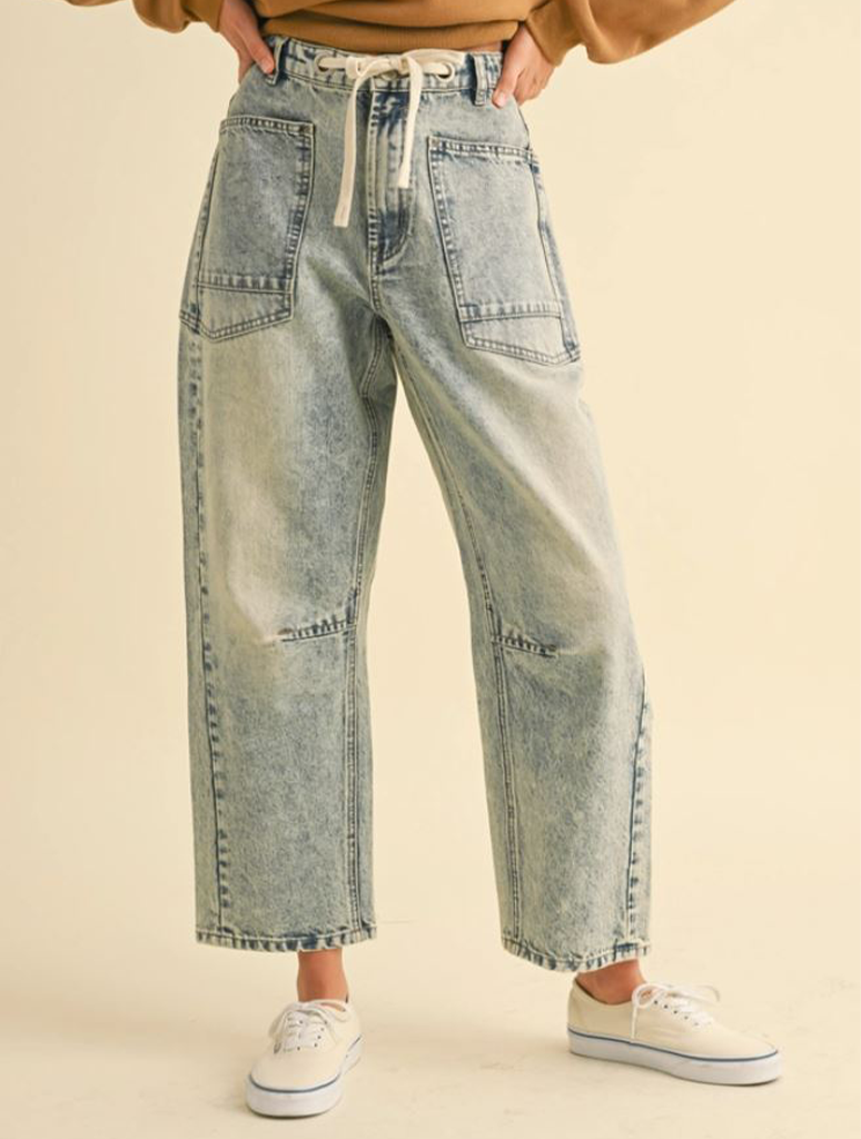 Washed Denim Barrel Leg Pants