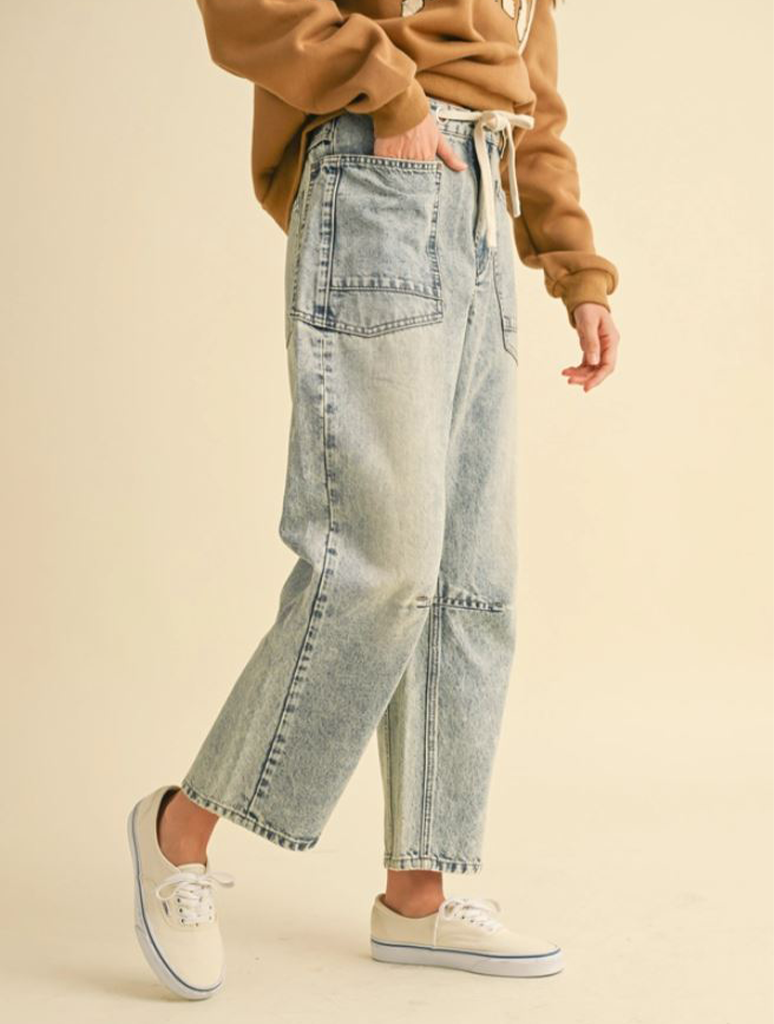 Washed Denim Barrel Leg Pants