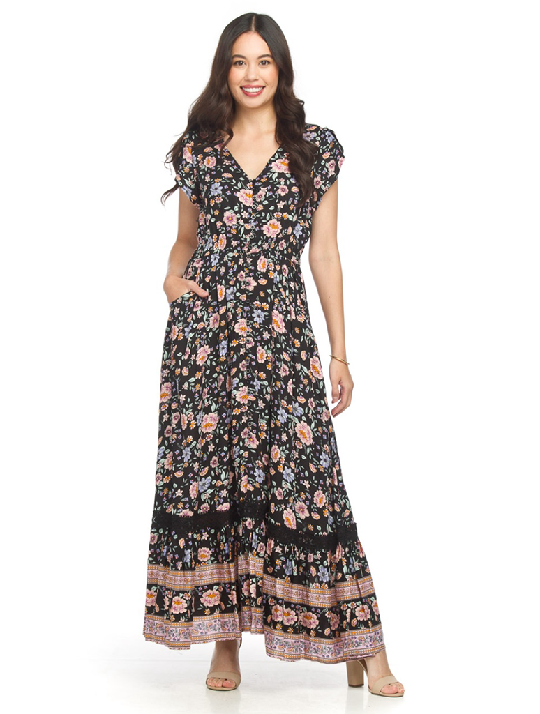 Floral Border Print Short Sleeve Maxi Dress with Lace Inset