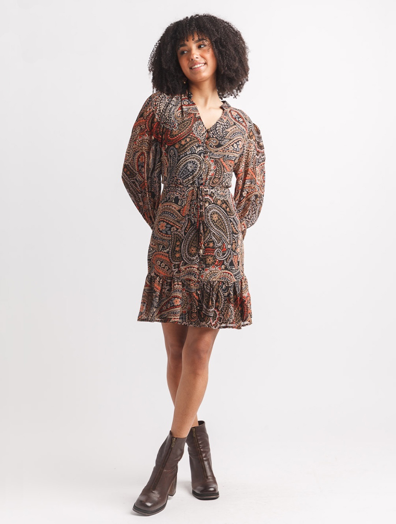 Paisley Long Sleeve Dress with Tie Belt
