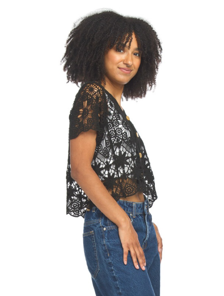 Button Front Short Sleeve Crochet Top