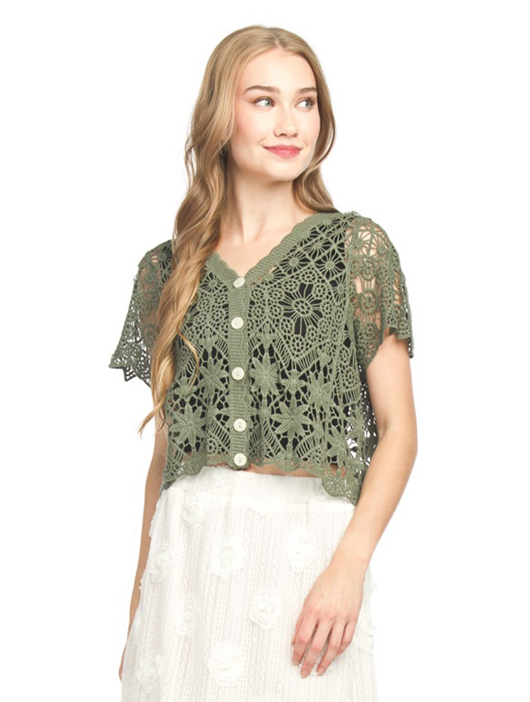 Button Front Short Sleeve Crochet Top