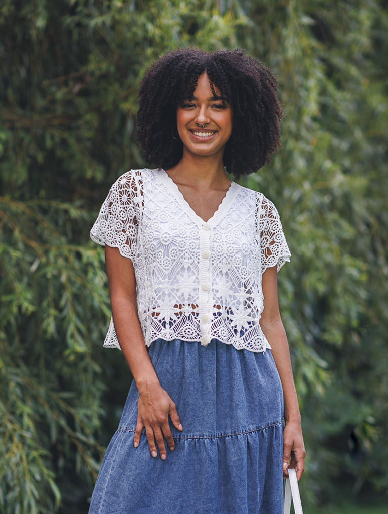 Button Front Short Sleeve Crochet Top