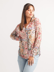 Patch Print Collared Button Front Blouse