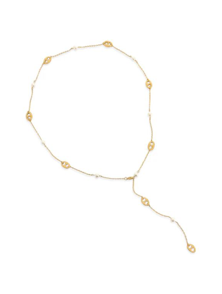 Water Resistant Lariat Pearl and Puffy Mariner Link Necklace