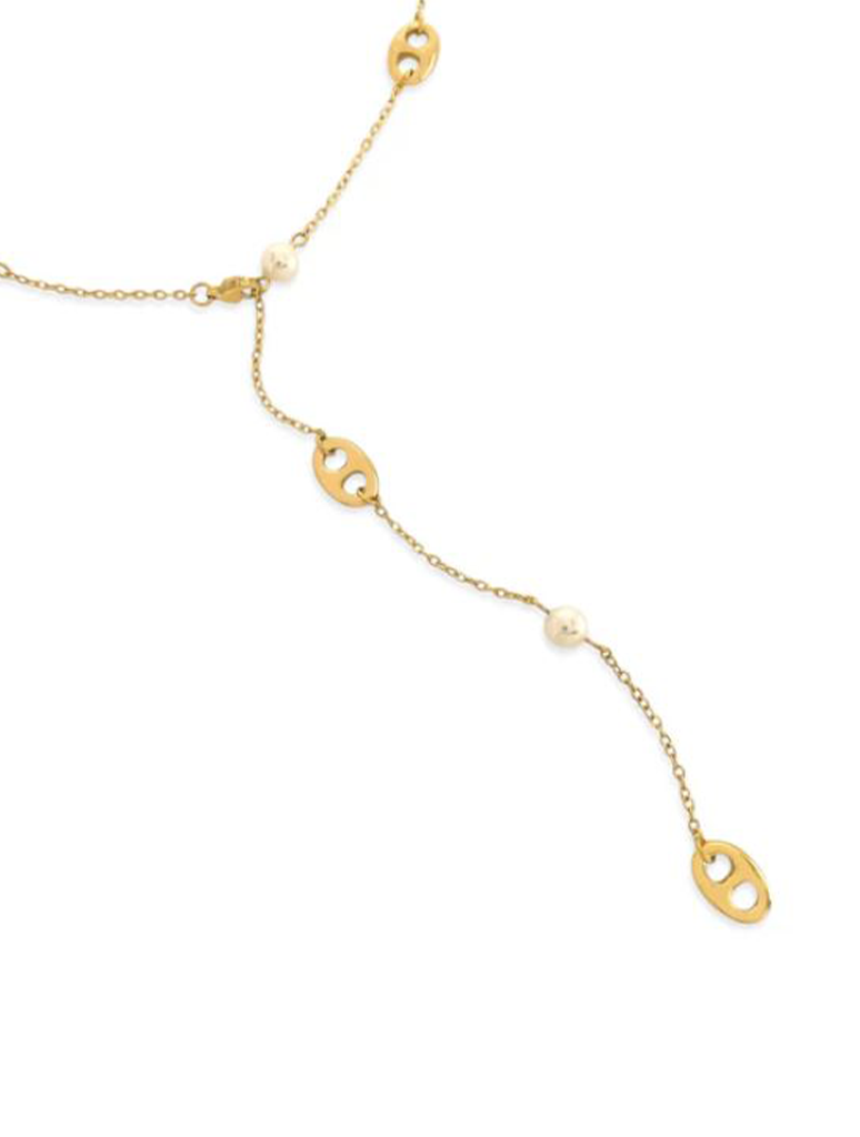 Water Resistant Lariat Pearl and Puffy Mariner Link Necklace