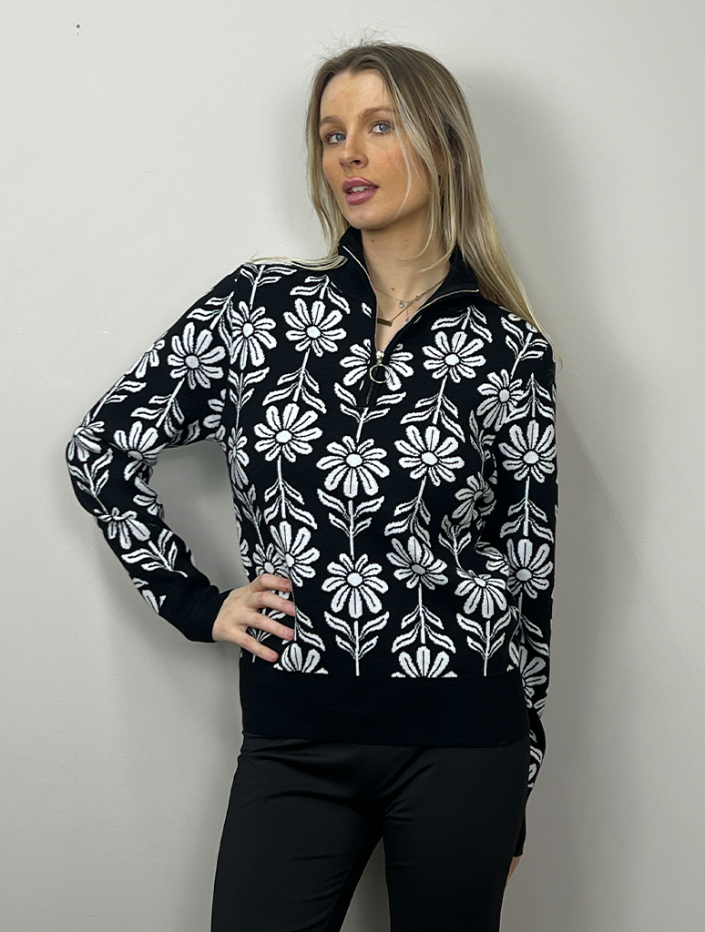 Daisy Intarsia Knit Half Zip Sweater