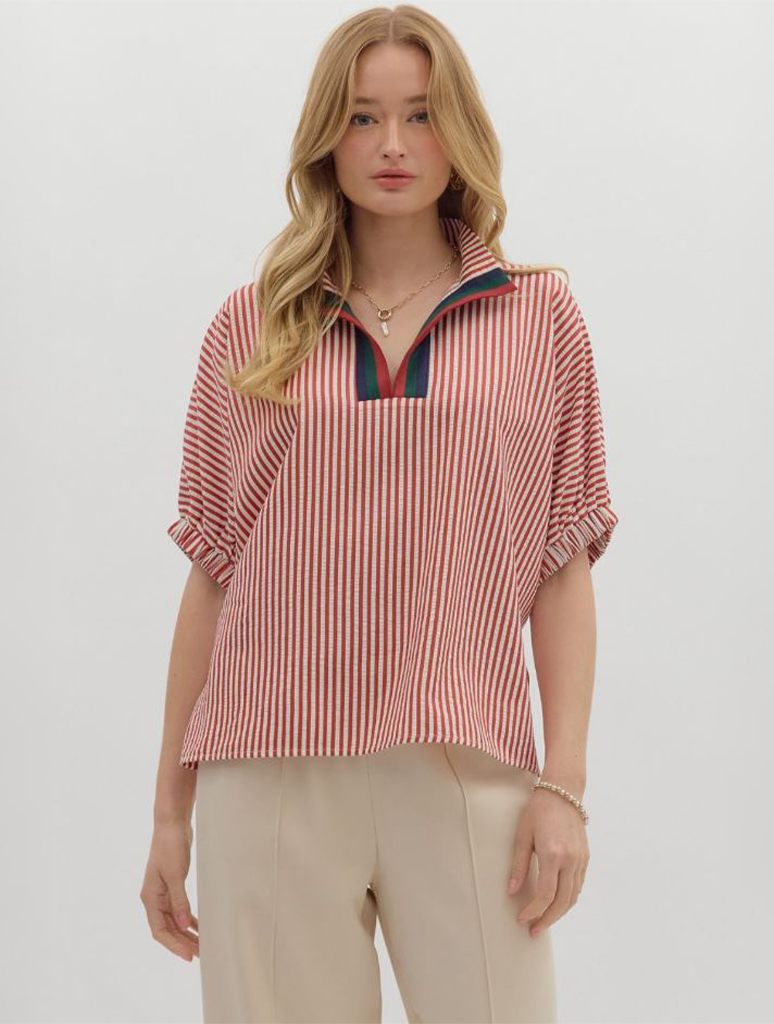 Striped Dolman Top with Multicolor Rib Band Split Neck