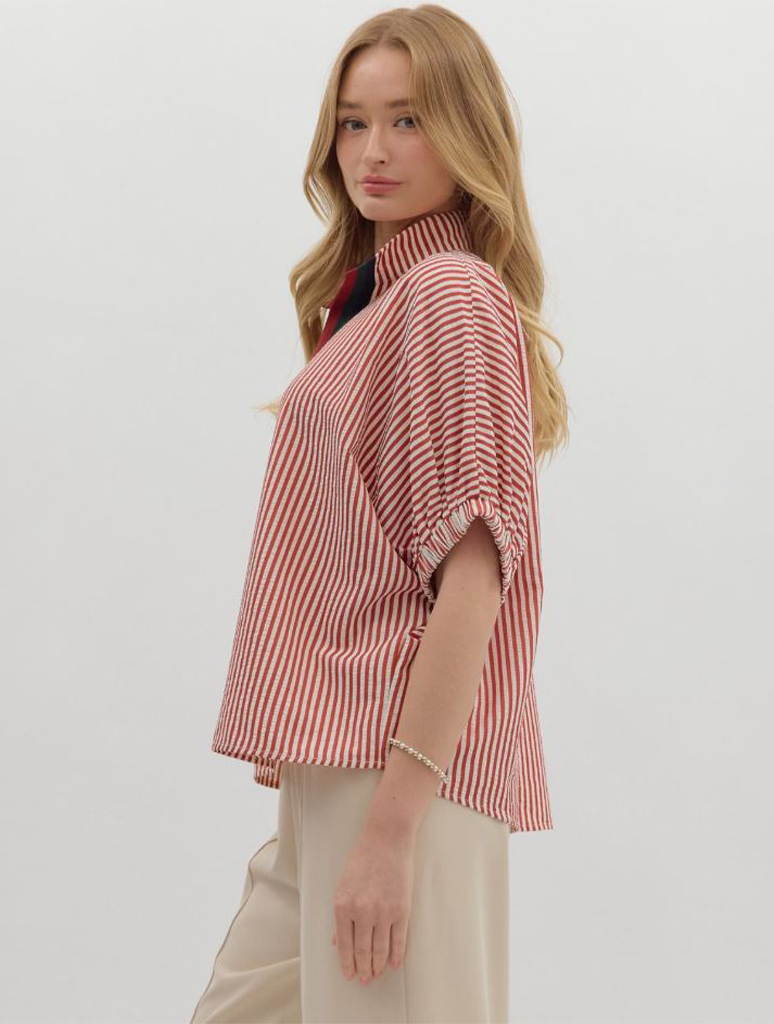 Striped Dolman Top with Multicolor Rib Band Split Neck