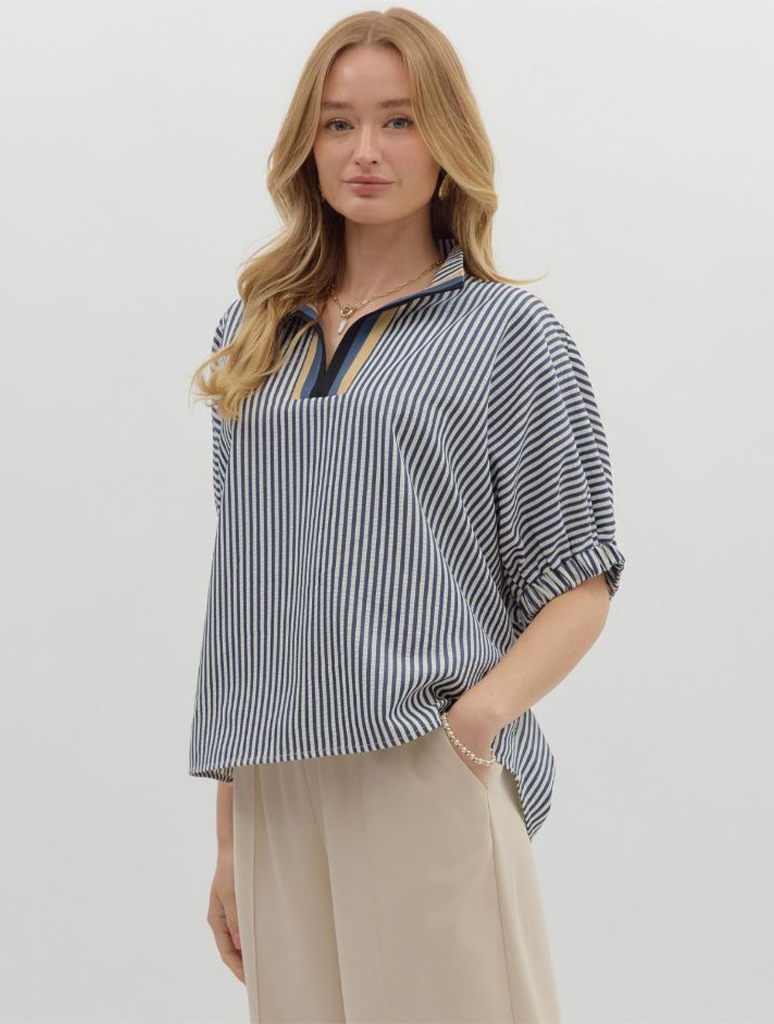 Striped Dolman Top with Multicolor Rib Band Split Neck