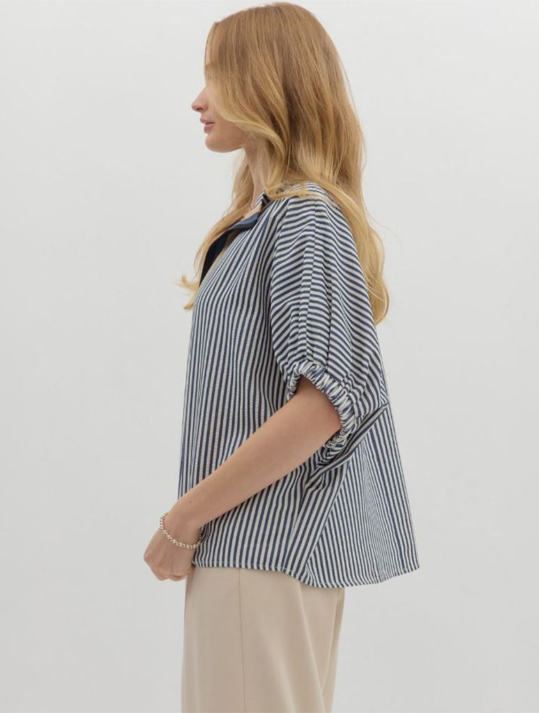 Striped Dolman Top with Multicolor Rib Band Split Neck