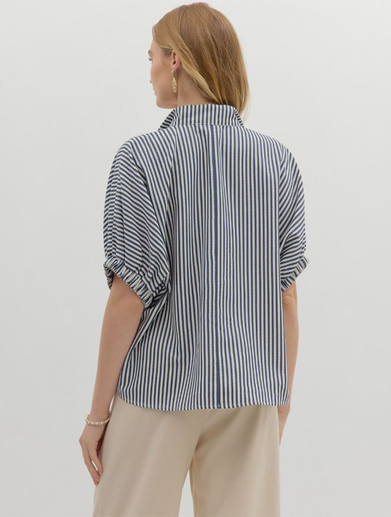 Striped Dolman Top with Multicolor Rib Band Split Neck