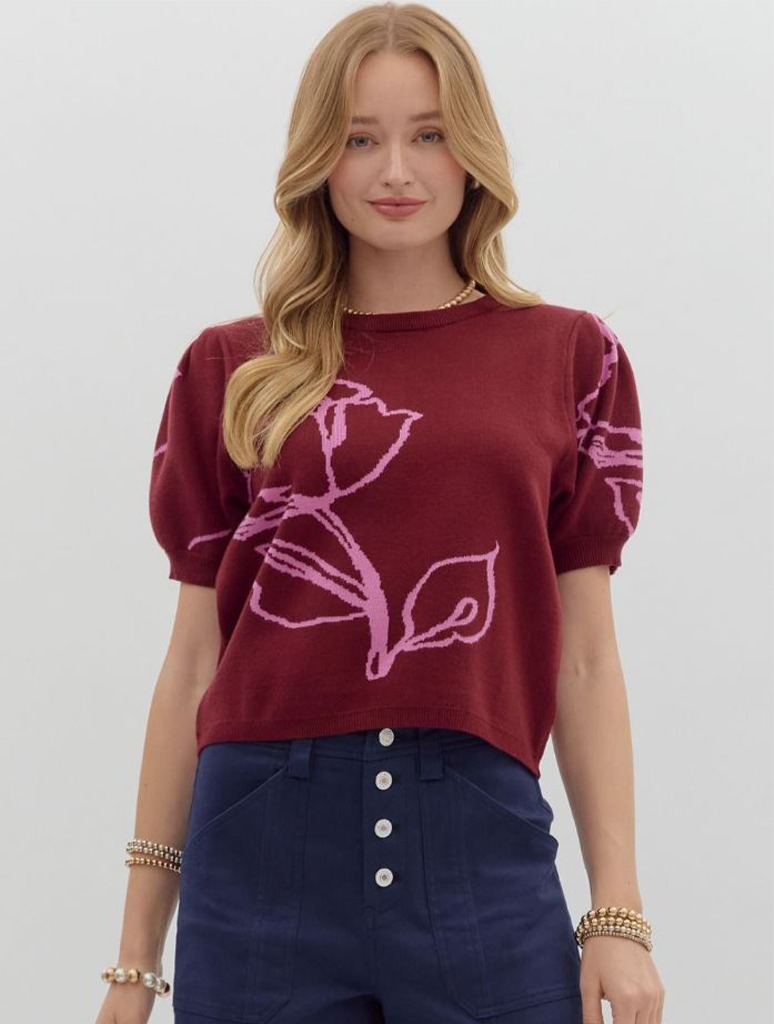 Short Sleeve Floral Motif Sweater