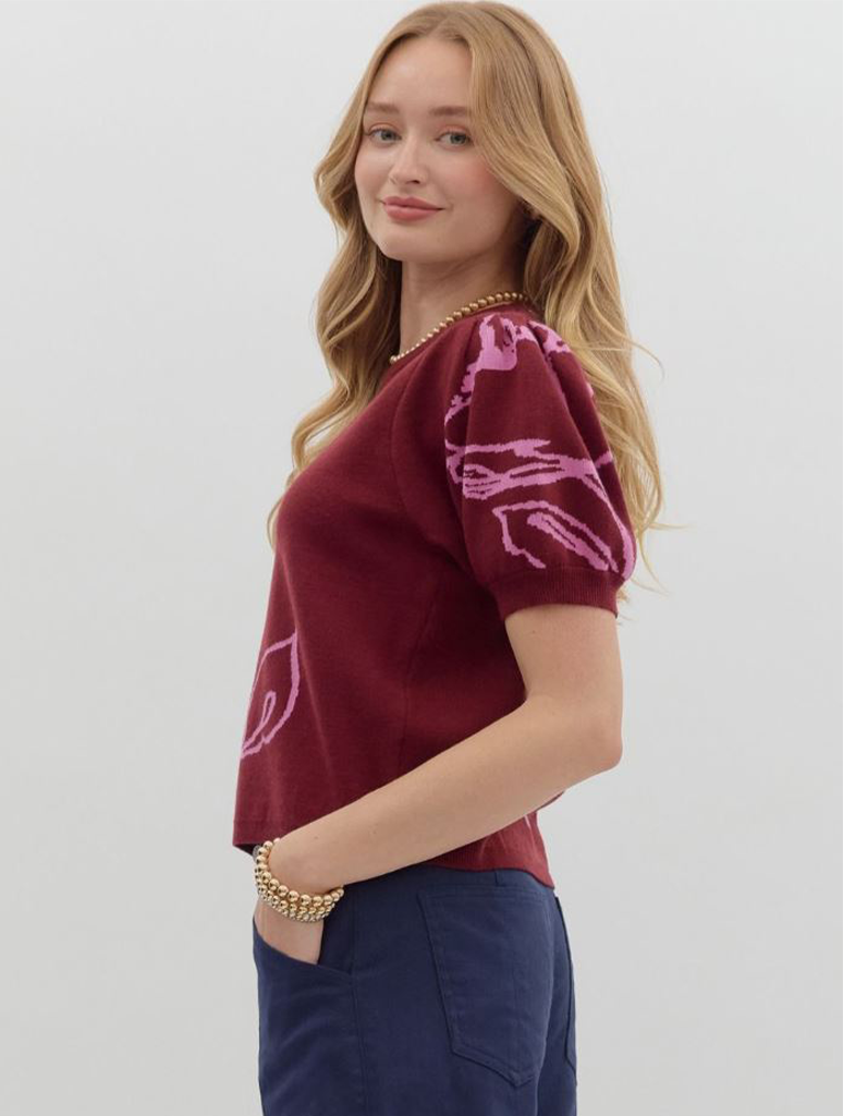 Short Sleeve Floral Motif Sweater