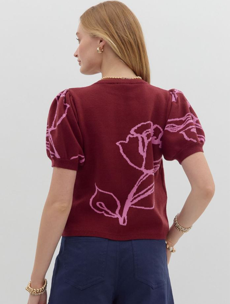 Short Sleeve Floral Motif Sweater