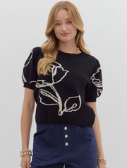 Short Sleeve Floral Motif Sweater