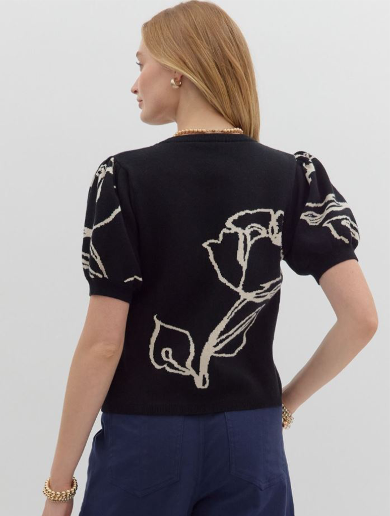 Short Sleeve Floral Motif Sweater