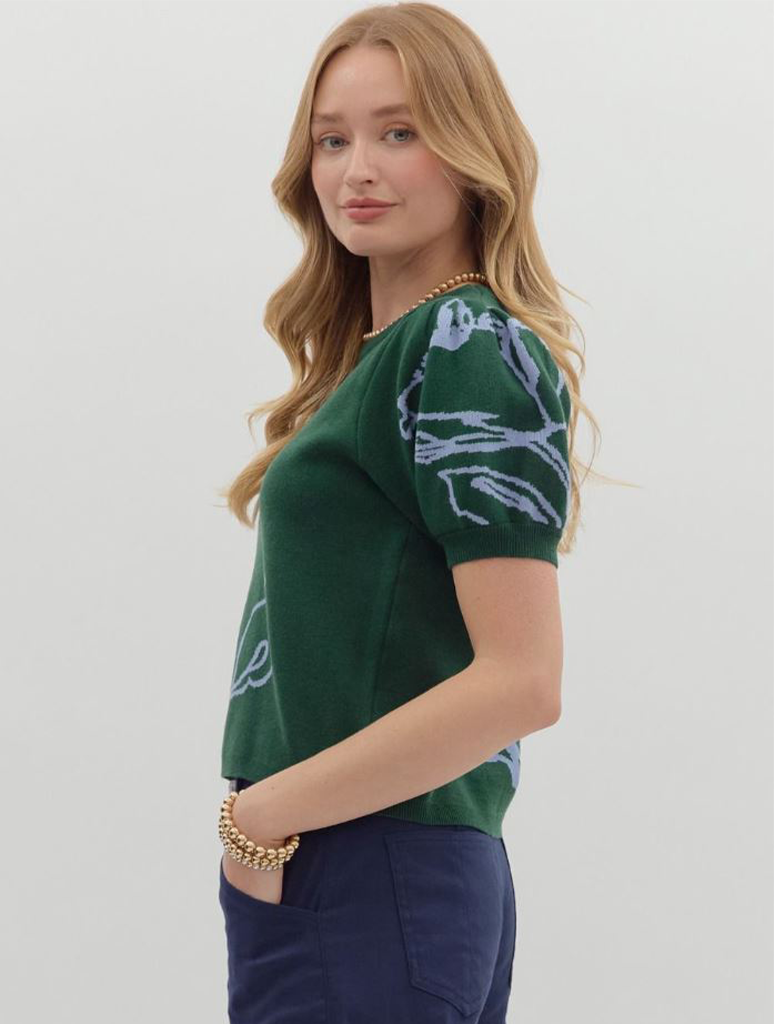 Short Sleeve Floral Motif Sweater