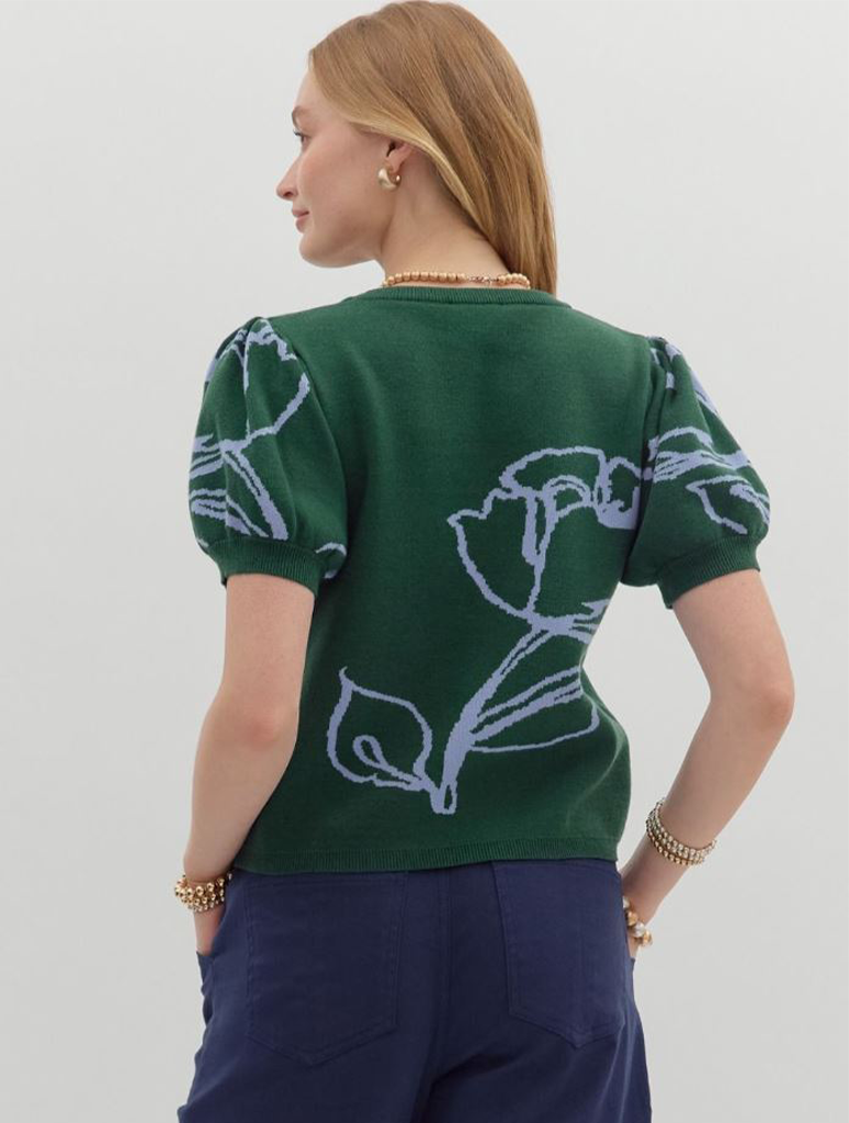 Short Sleeve Floral Motif Sweater