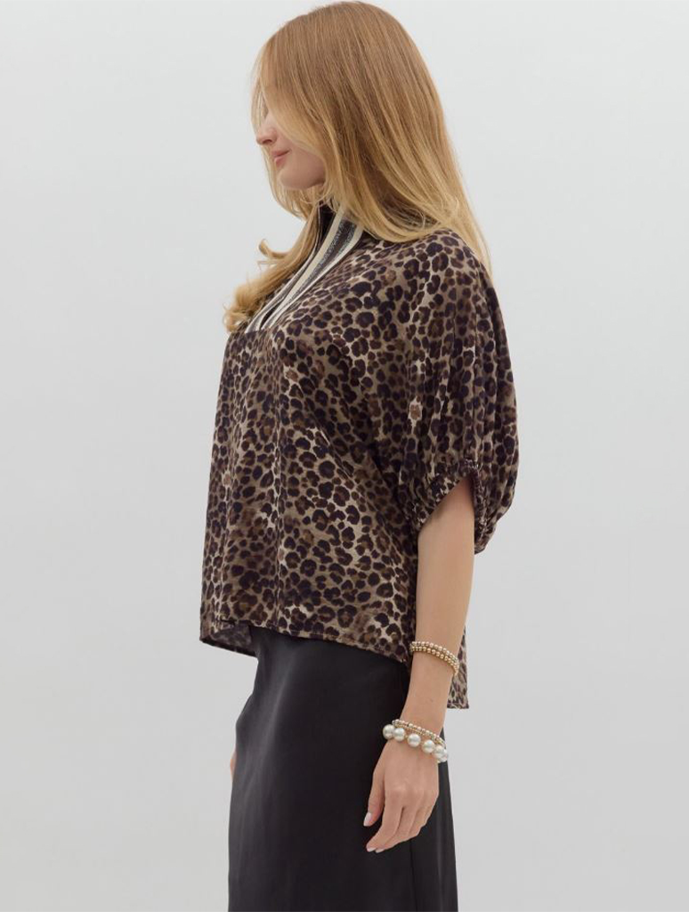 Leopard Print Dolman Top with Multicolor Rib Band