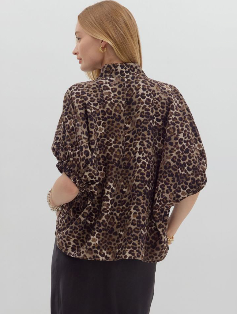 Leopard Print Dolman Top with Multicolor Rib Band