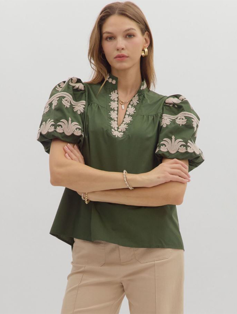 Bubble Sleeve V-Neck Top