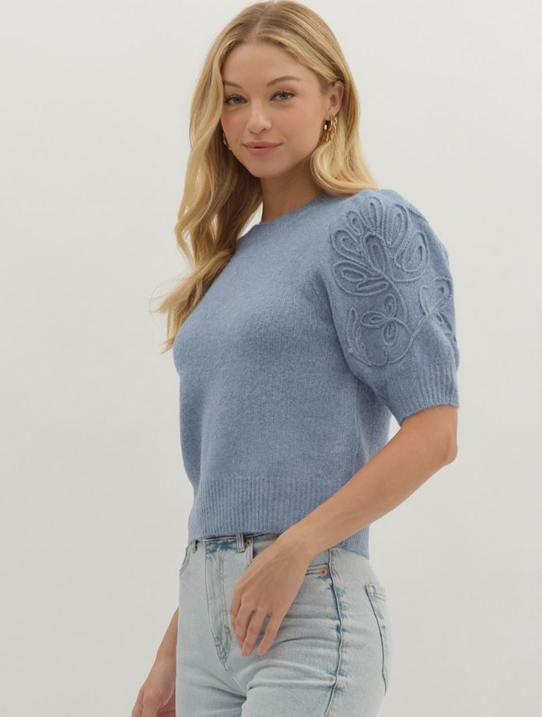 Short Sleeve Sweater with Embroidery Detail