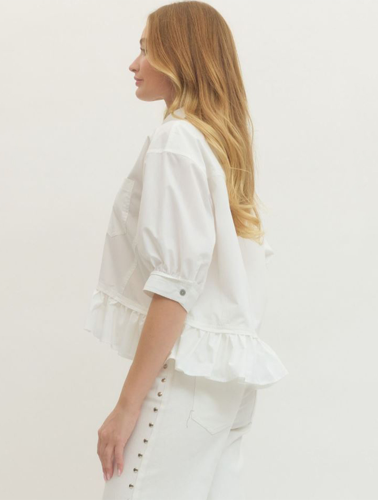 Short Sleeve Button Down Top with Ruffle Hem