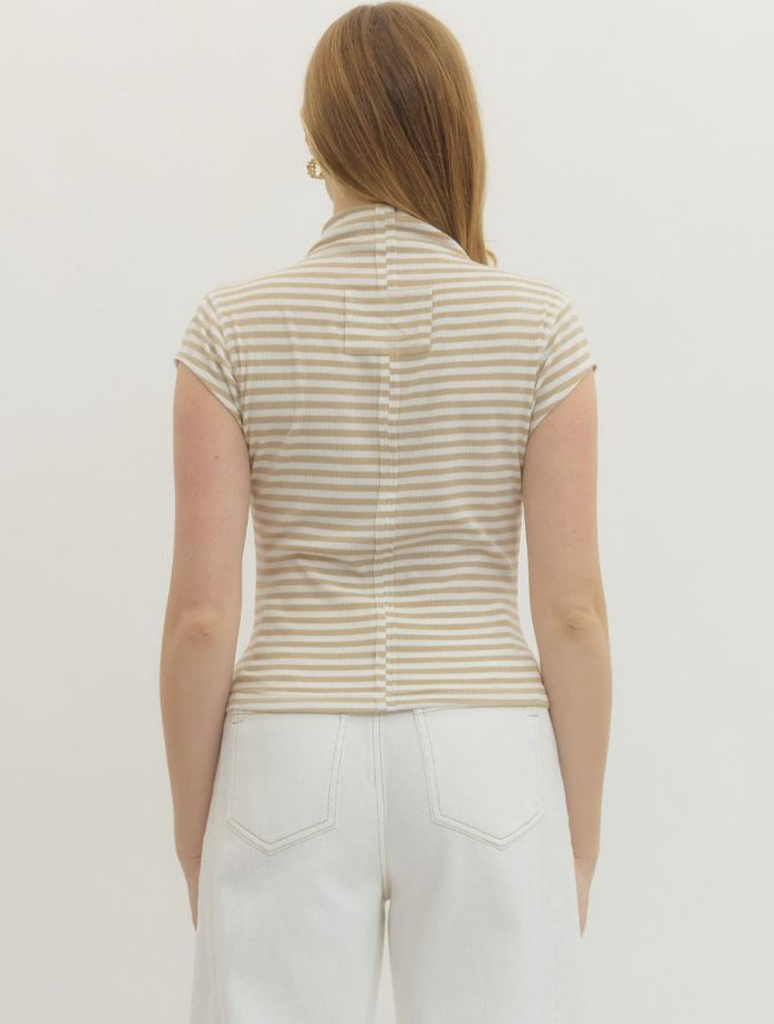 Striped Mock Neck Short Sleeve Tee