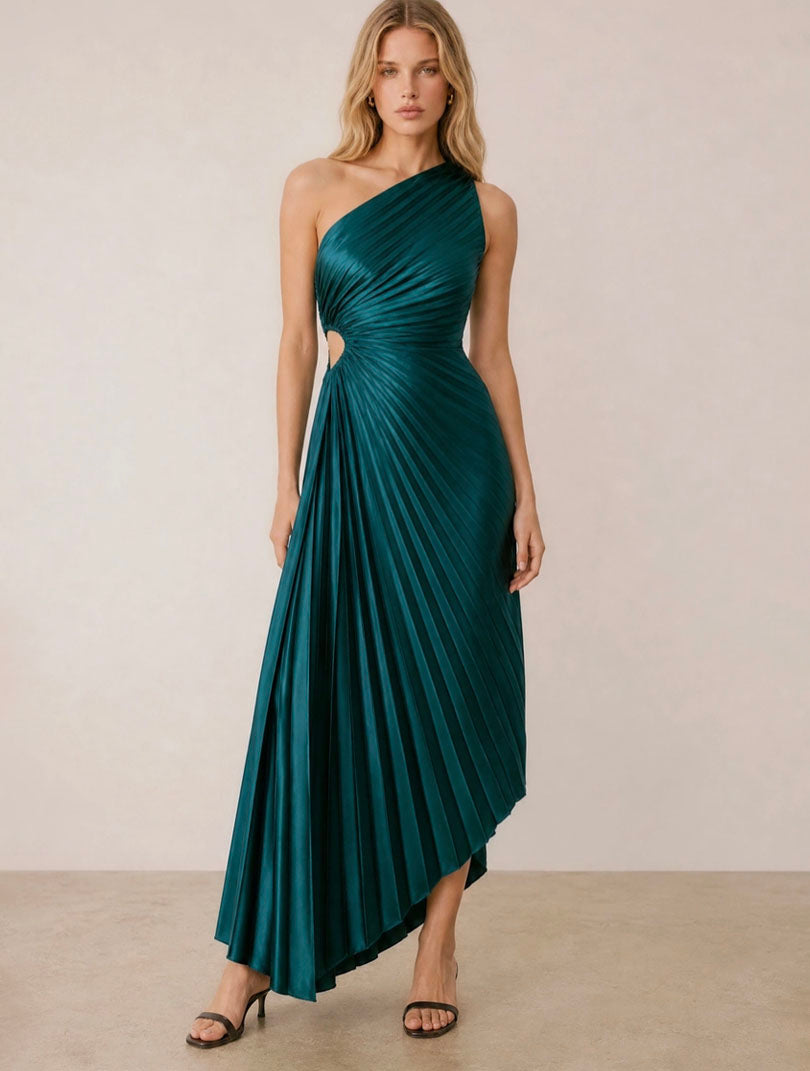 Olympia Asymmetrical Pleated Maxi Dress