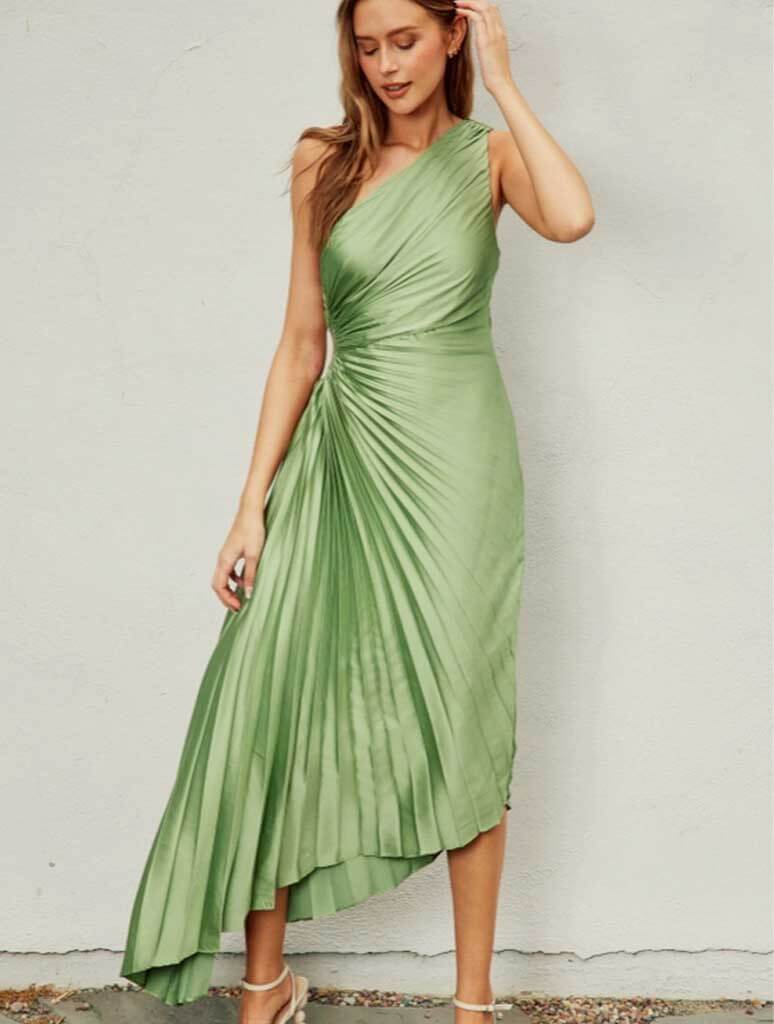 Olympia Asymmetrical Pleated Maxi Dress