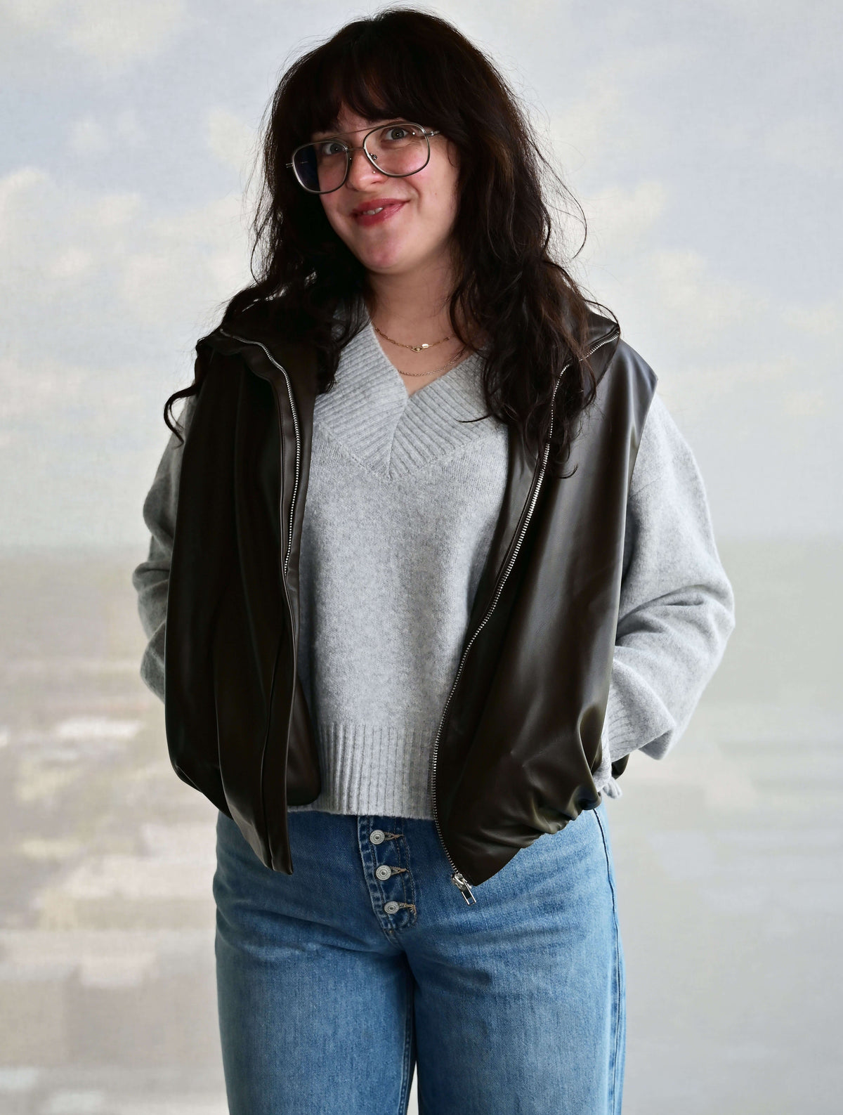 Faux-Leather Bubble Hem Zip-Up Vest