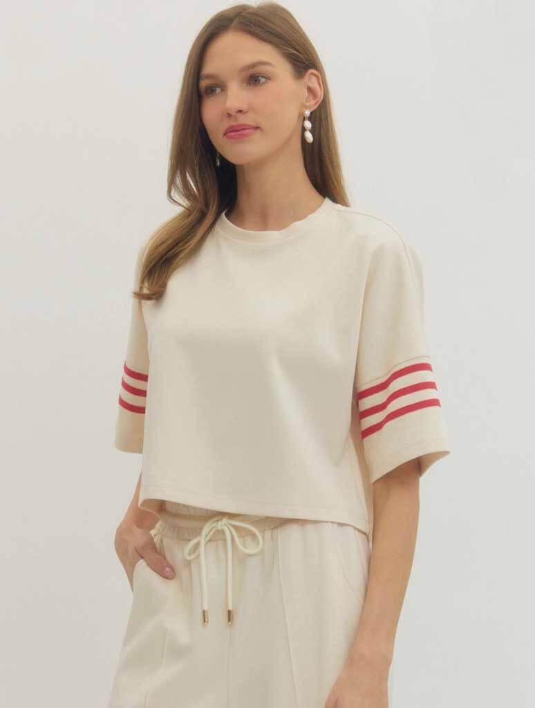 Solid Crew Neck Tee with Contrast Stripe Sleeve Detail