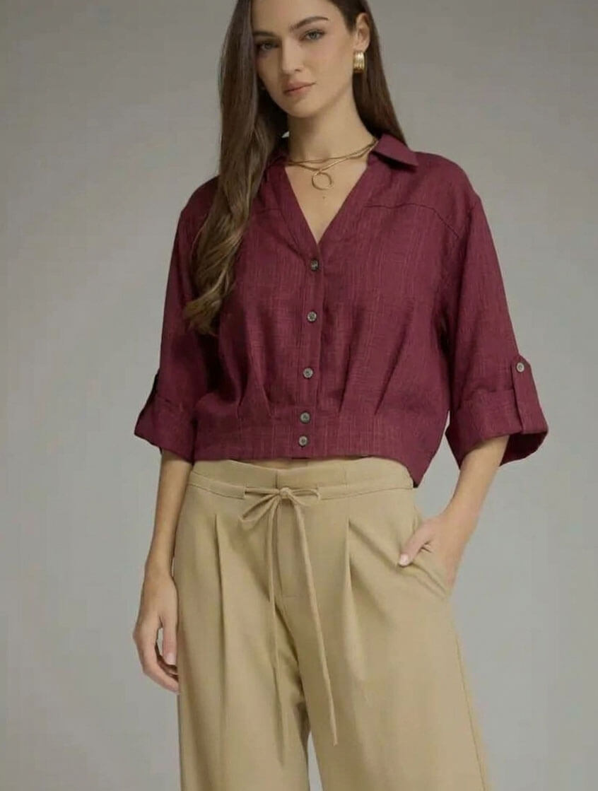 Solid 3/4 Roll-Tab Sleeve V-Neck Top