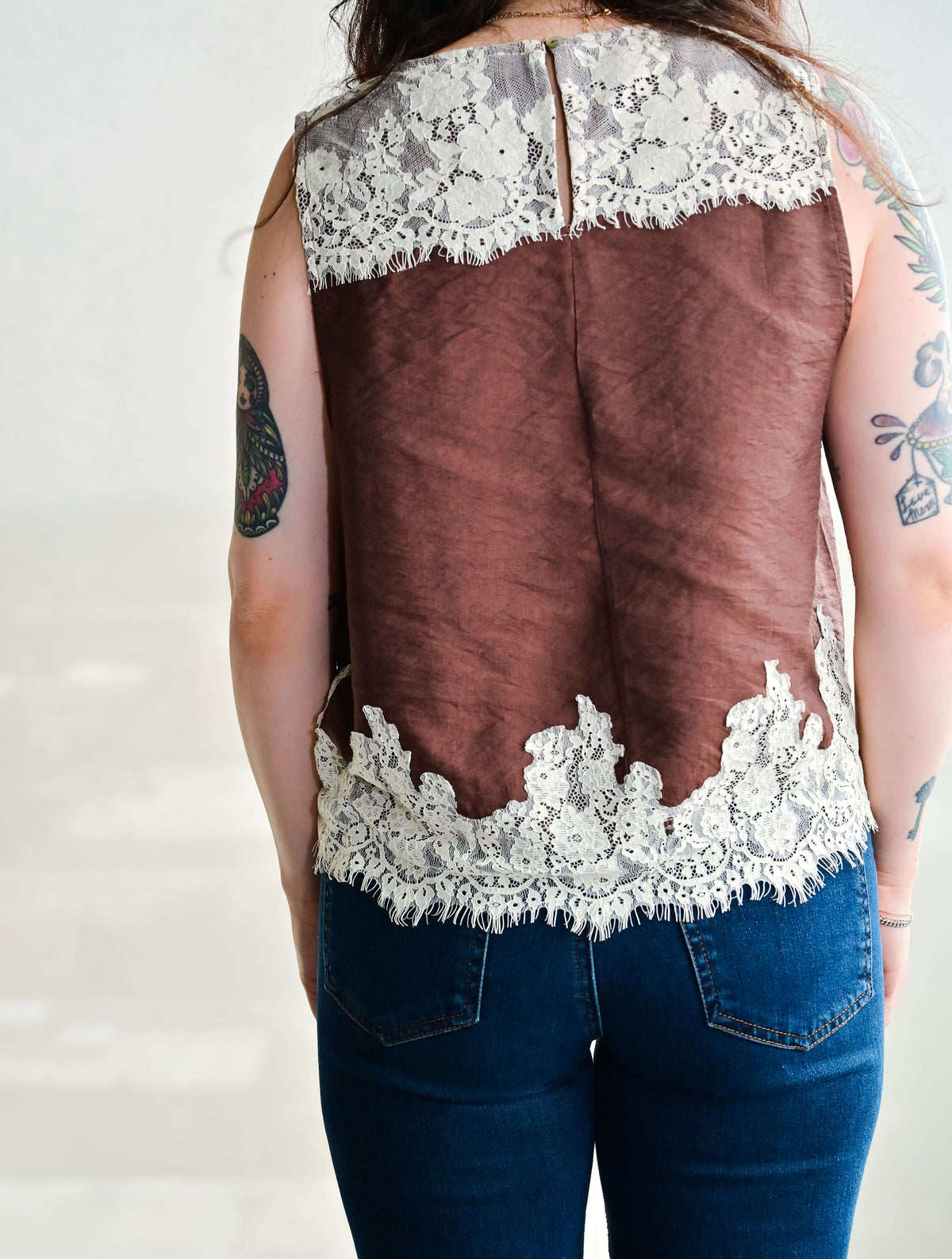 Round Neck Sleeveless Top with Lace Trim