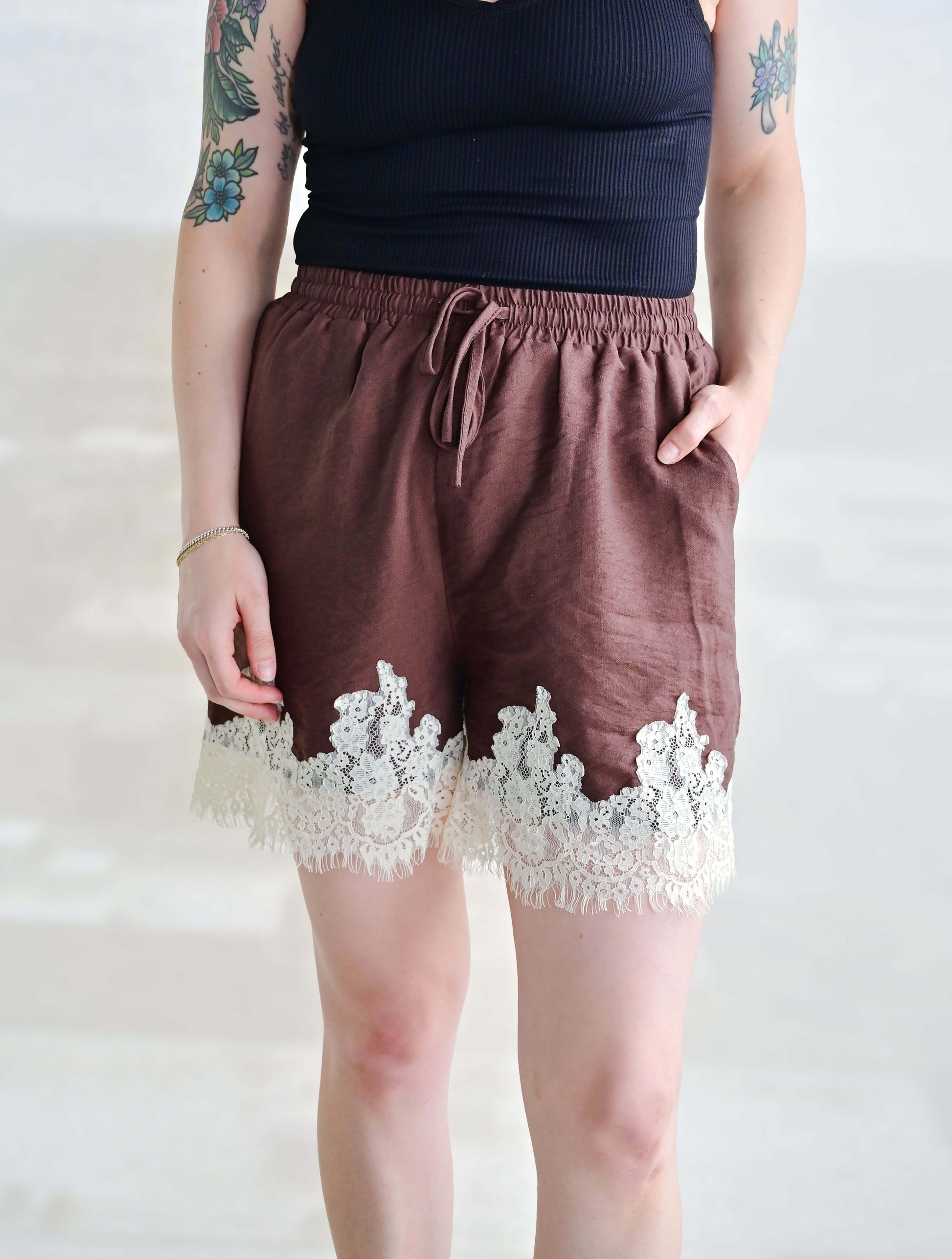 Drawstring Shorts with Lace Trim