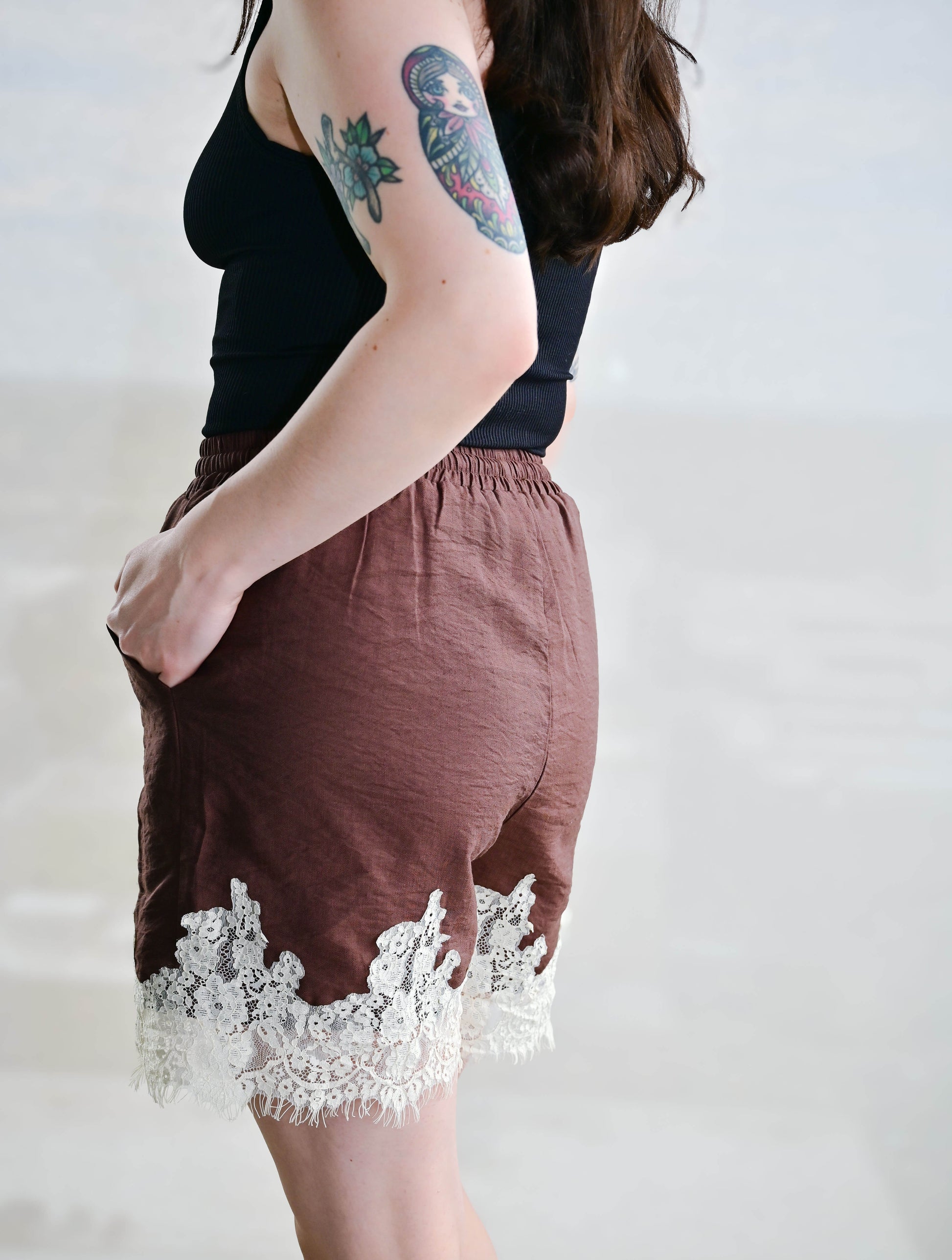Drawstring Shorts with Lace Trim