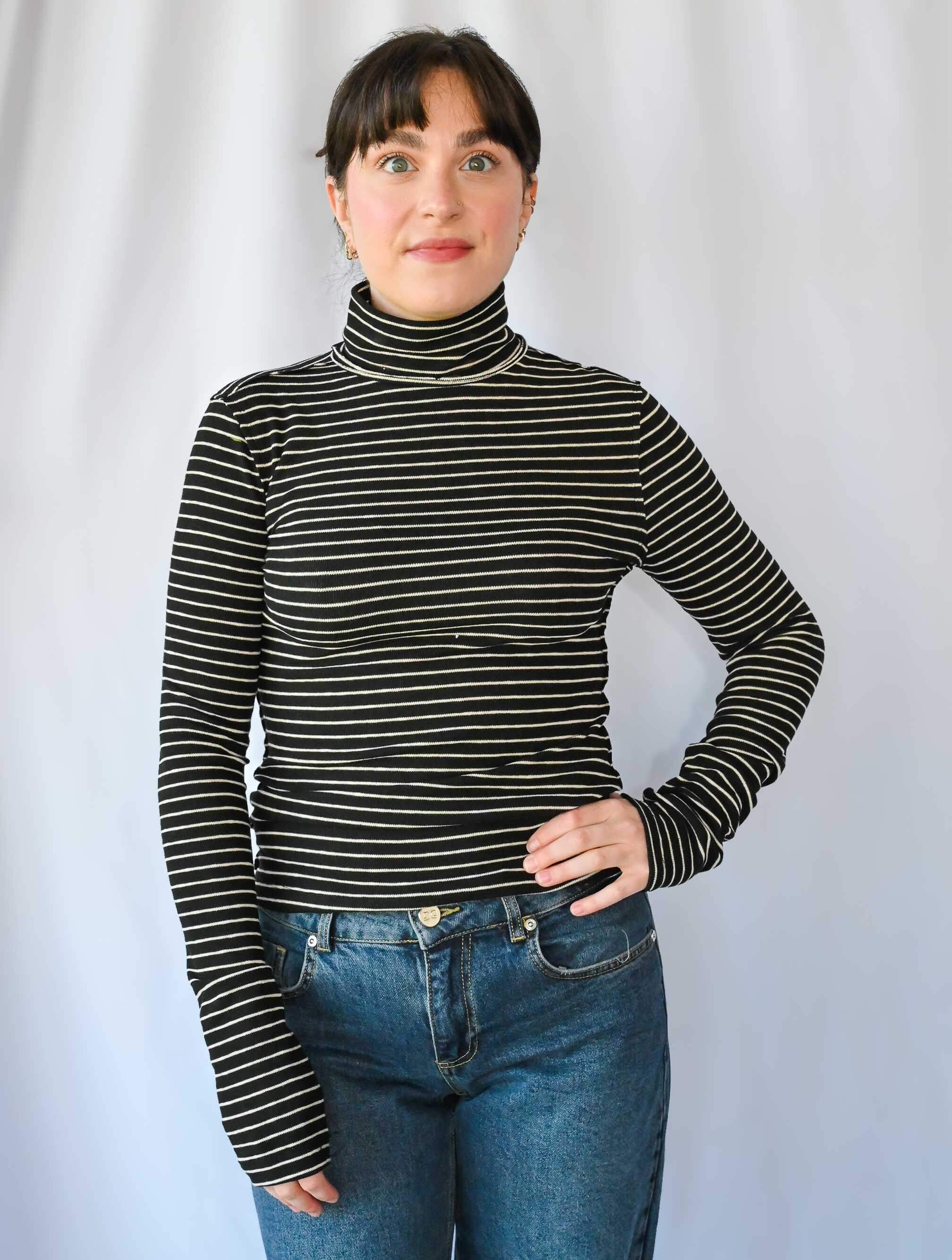 Stripe Turtleneck Long Sleeve Top With Thumb Holes