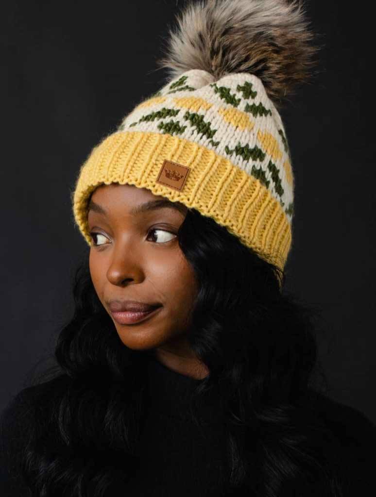 Ivory & Yellow Lemon Patterned Pom Hat