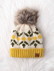 Ivory & Yellow Lemon Patterned Pom Hat