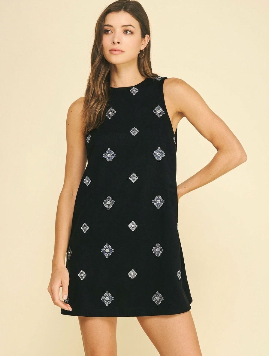 Embroidered Suede A-Line Mini Dress