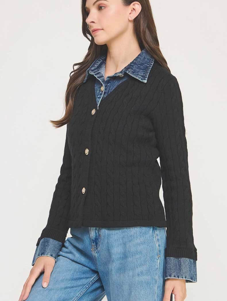 Mixed Media Denim Mix Sweater Cardigan