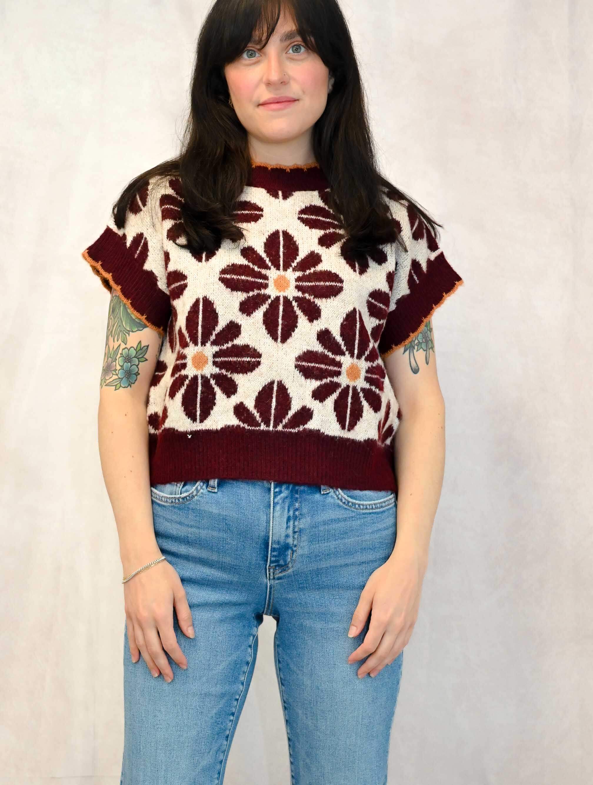 Flower Print Short Sleeve Sweater