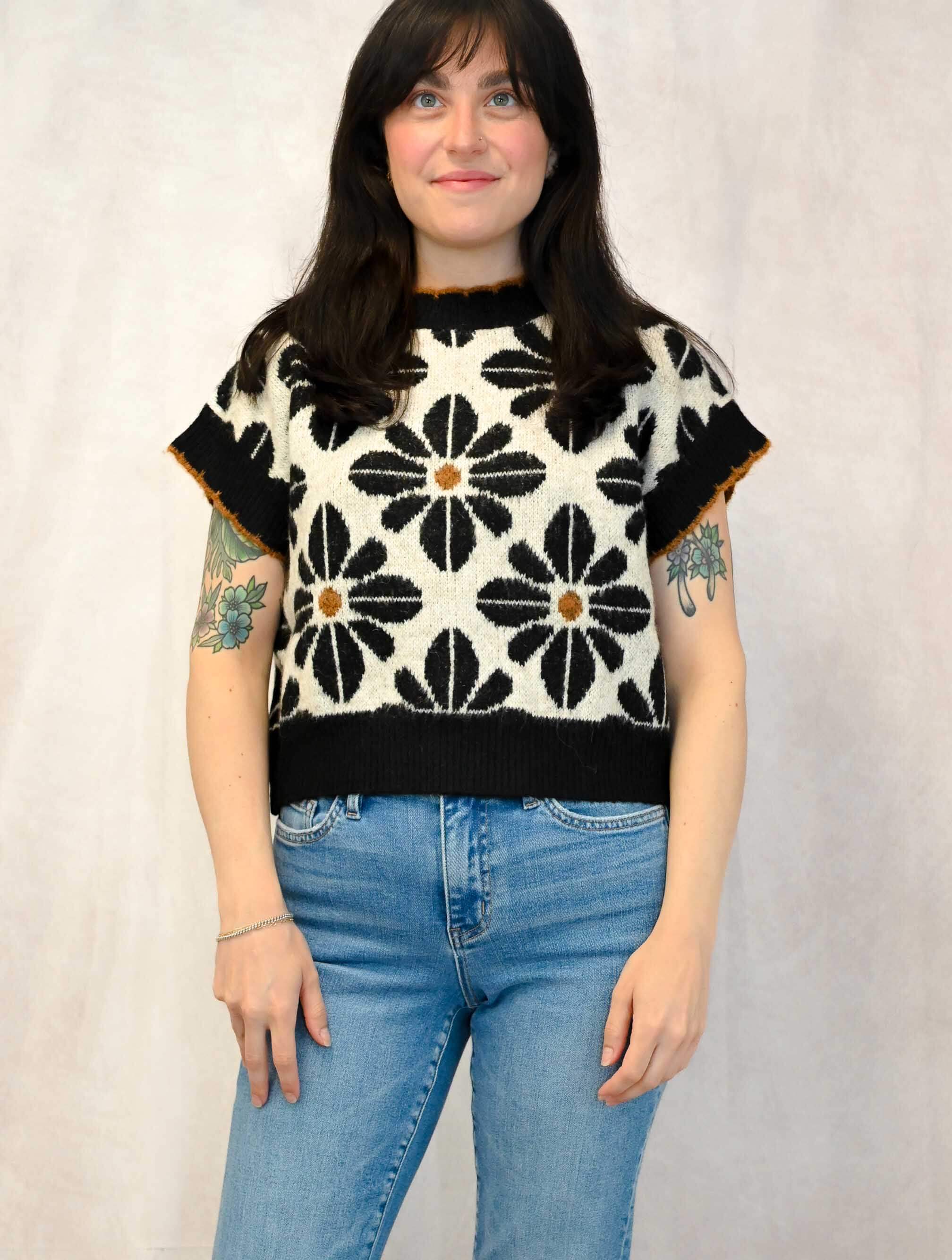 Flower Print Short Sleeve Sweater